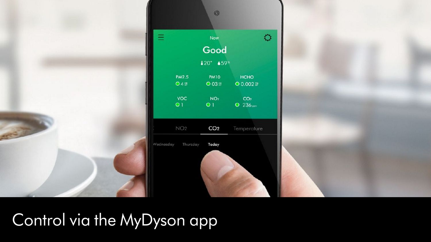 The MyDyson app gives an overview of air quality, temperature and humidity from anywhere.